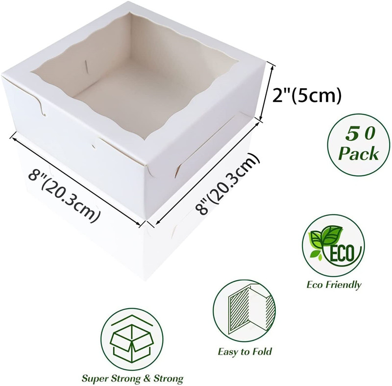 50 Pack 8x8x2 Inch Bakery Boxes With Window - Clear Pastry Boxes For Cookies, Strawberries, Treats